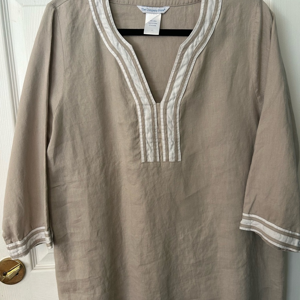 The Company Store Taupe Linen Tunic with White Trim